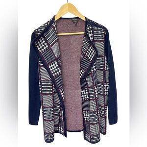 Talbots Womens Medium Petite Merino Wool Houndstooth Plaid Open Cardigan Sweater